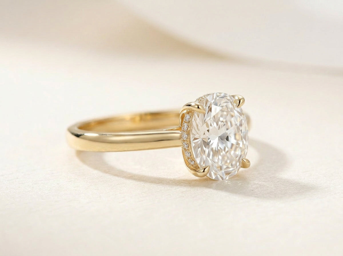 CASALYA Signature Oval Ring side view with hidden pavé halo detail